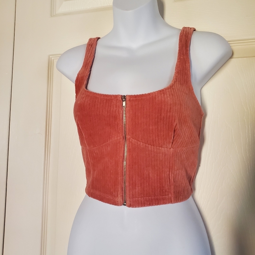 Y2K Crop Fitted Tank Top Corduroy Pink Front Zip Preppy Sleeveless Medium